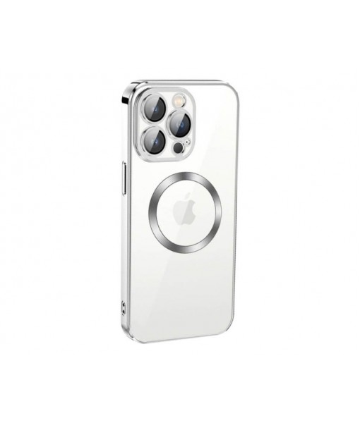 Husa iPhone 14, MagSafe Electro, Spate Transparent, Rama Silver